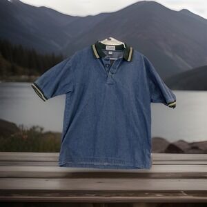Sea Palms‎ Hartwell Polo Shirt Mens Large Blue Denim 100% Cotton Green Collar